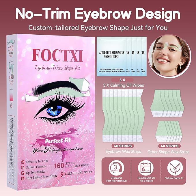 Facial Wax Strips Kit for Women – 80 Strips Hypoallergenic Eyebrow Wax Strips for Hair Removal Home Use + 5 Calming Oil Wipes, Suitable for All Skin Types