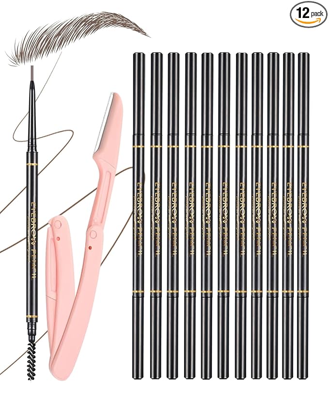 Dark Brown Eyebrow Pencils for Women, 12Pcs Ultra Slim Eyebrow Pencil with 2 Brow Razors Kit, Double Head 1.5mm Micro-Fine Tip & Spiral Brush, Can Draw Fine and Long-Lasting Brows Makeup