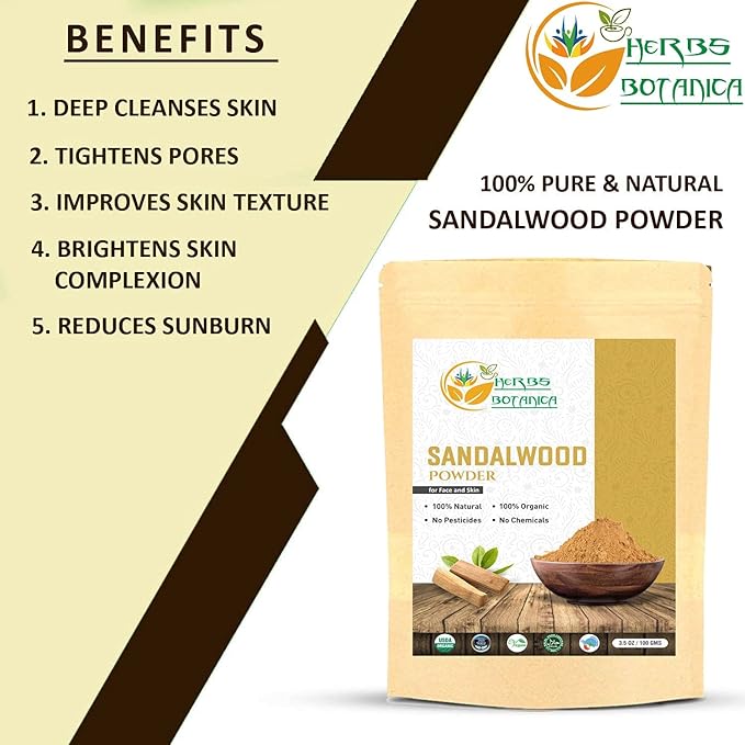 Herbs Botanica Chandan Sandalwood Powder, 100 gm / 3.52 oz, Face Pack & Mask, Tilak, Auspicious Occasions, Natural Cleansing & Soothing Powder.