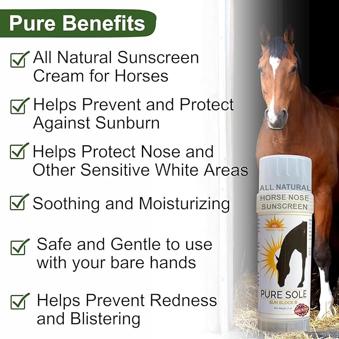 Sunscreen for Horses – Pure Sole Sun Block Cream | Protects Sensitive Pink Skin from Sun, Windburn & Snow Glare | Natural Non-Nano Zinc Oxide & Moisturizing Ingredients | Year-Round Use | 2 oz Stick