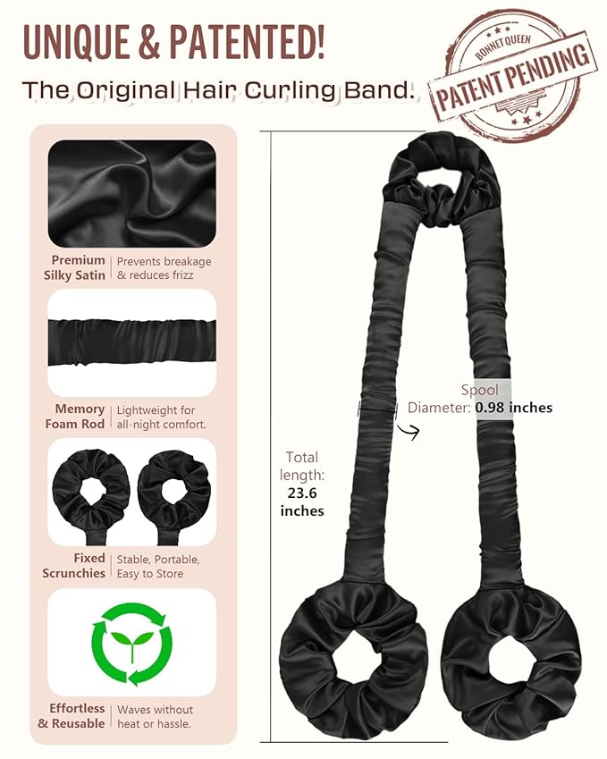 BONNET QUEEN Heatless Hair Curler for Heatless Curls Overnight, All-in-One Sleepy Tie Satin Curling Rod, Hair Curlers to Sleep In, Overnight Blowout Rods, Hair Rollers for Women Long Hair, Black