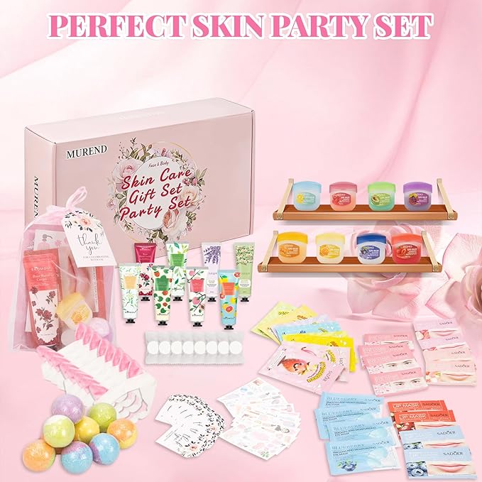 90PCS Spa Party Supplies for Girls, Sleepover Party Supplies for Girls, Skincare Set, Include Sleepover Party Temporary Tattoos, Face & Lip Mask, Foot Bath Bombs, Hand Cream, Spa Party Favors