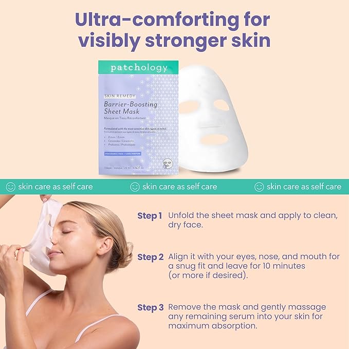 Patchology Skin Remedy Barrier-Boosting Sheet Mask – Single Use Face Mask with Ectoin, Ceramides & Probiotics – Hydrates, Protects & Nourishes – Suitable for Sensitive & All Skin Types (Pack of 3)