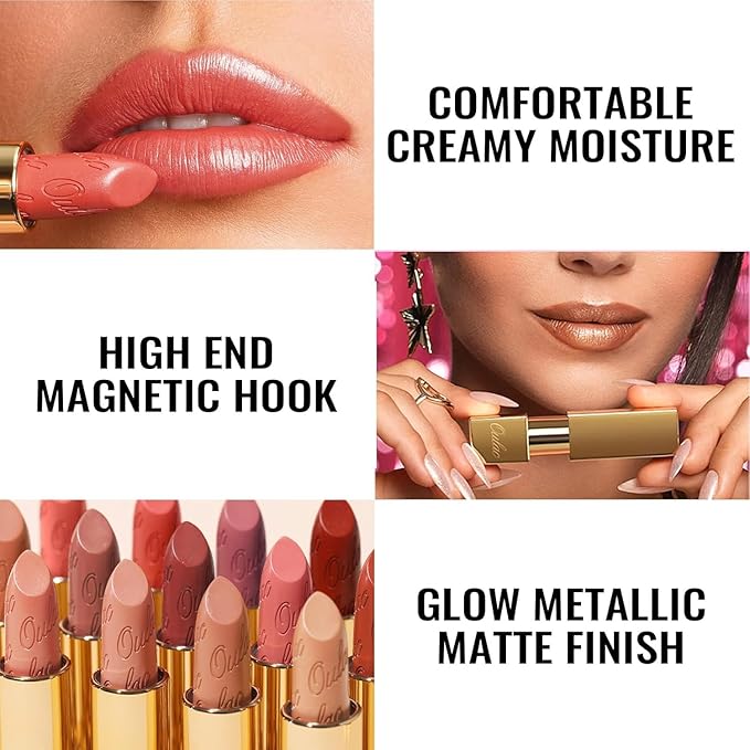 Oulac Matte Coral Lipstick with Glow Metallic Finish - Vegan Lipstick for Women, Creamy Texture, Hydrating Clean Beauty Formula, High-End Magnetic Hook Design, GM11 Aurora