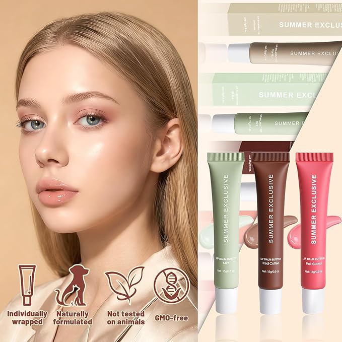 Summer Butter Lip Balm, Hydrating Plumping Clear Serum, Natural Glow Non-Sticky Transfer-Proof, Nourishing for Dry Lips, Women-Focused Lip Care with Shea Butter (3Pcs)