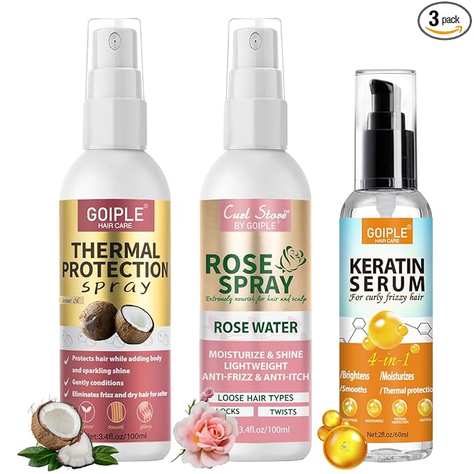 Coconut Heat Protectant Spray - Keratin Protein Hair Serum Anti Frizz Control Repair - Rose Water Moisturize Anti-Frizz Smooth Products (3PCS)
