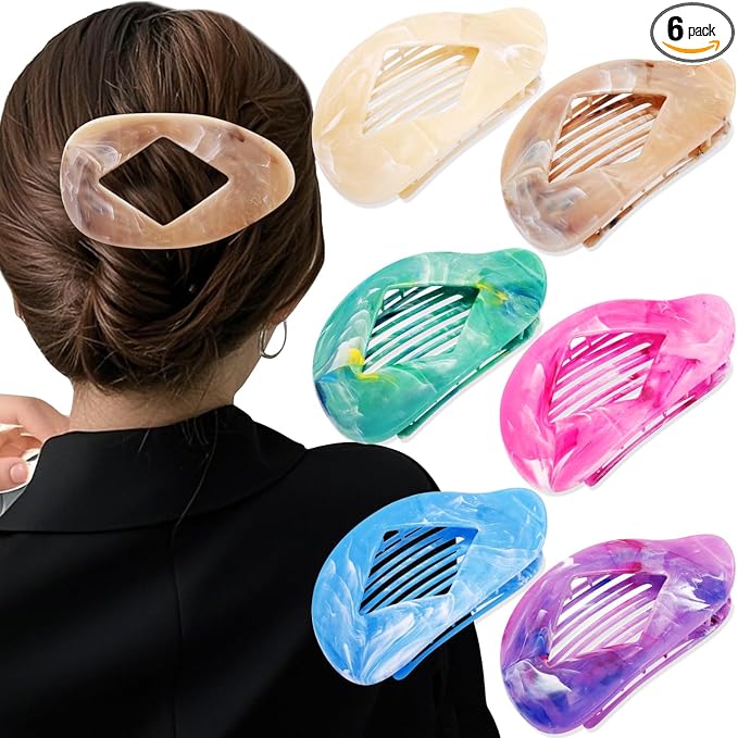Atoden Marble Flat Round Hair Clips Duckbill Large Claw Clips for Thick Medium Thin Hair 6Pcs Non Slip Oval French Barrettes Accessories for Women Girls