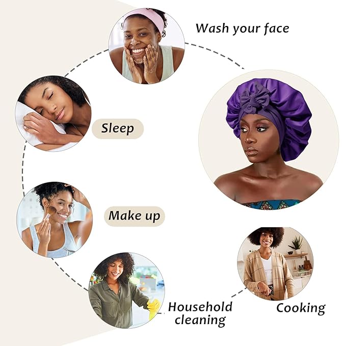 AWAYTR Purple Satin Bonnet with 3 Hair Scrunchies for Women - Large, 2-Layered Silk Sleeping Cap for Sleeping, Hair Care
