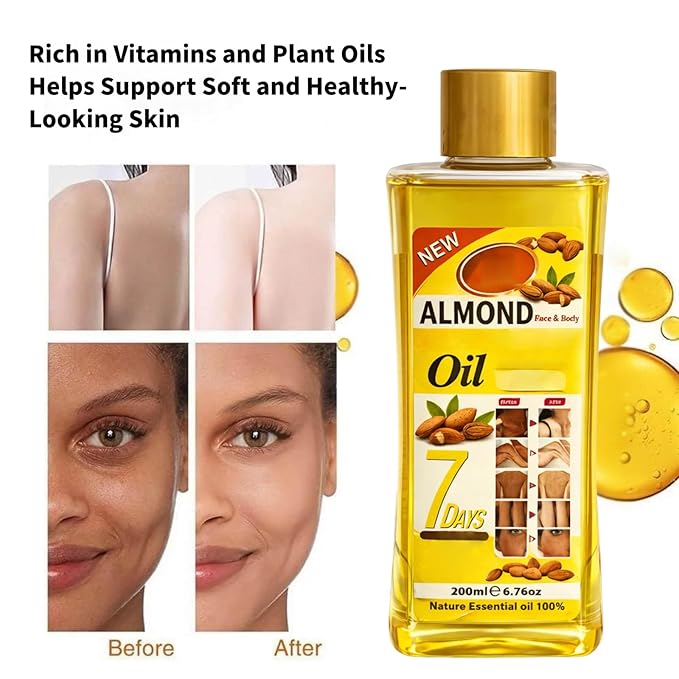 Almond Oil for Massage and Skin Moisturizing, Lightweight Hydrating Body Oil for Dry Skin, Spa Body Care Oil with Almond Extract, 200ml / 6.76 fl oz