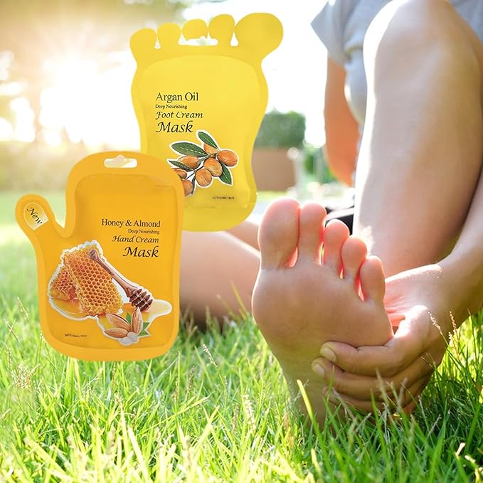 Elitzia Foot Mask Hand Mask Hydrating Honey Almond Gloves Argan Oil 10 Packs Multipack Socks Masks Moisturizing Repairing Nourishing Masks Spa Skin Care Women for Dry Rough Skin ETOHAF
