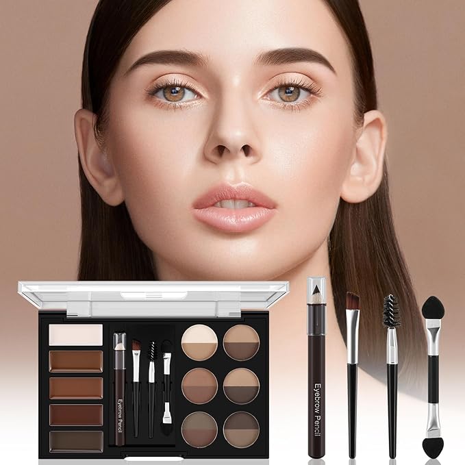 Eyebrow Powder Palette Set - 12 Colors, 5 Mascaras, 4 Stencils, Brush & Pencil, Volumizing Gel for Natural Brows