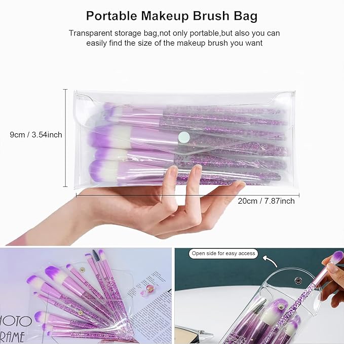 Makeup Brush Set 10 PCS Stylish Glitter Handle Makeup Brushes Professional Face Powder Foundation Blending Blush Eye Shadow Eyeliner Lip Cosmetic Brushes With Transparent bag(Purple)