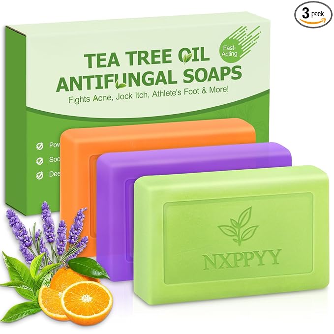 Antifungal Soap-Antibacterial Soap Bar with Tea Tree Oil- Body & Face Wash for Acne, Folliculitis, Eczema, Body Odor, Jock Itch, Athletes Foot, Ringworm & Tinea Versicolor - Gentle Exfoliating