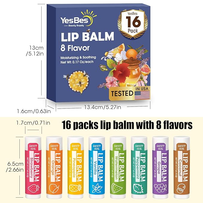 YesBes 16 Pack Lip Balm, Natural Lip Balm Bulk with Vitamin E and Coconut Oil, Moisturizing Lip Balms for Dry Cracked Lips, Lip Balms for Mothers Day Gifts Stocking Stuffers - 8 Flavors