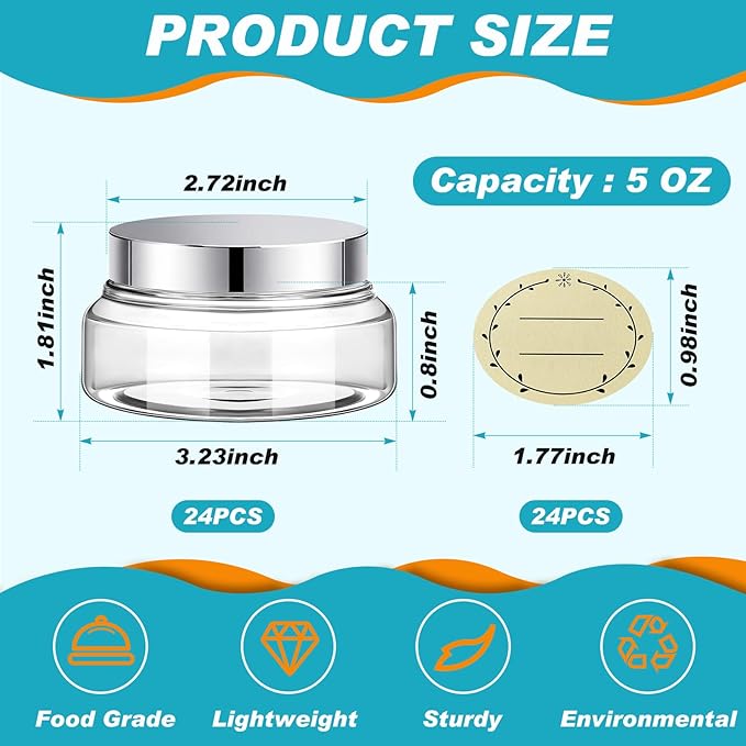 Tessco for you 24 Pack Plastic Jars with Lids Labels Multiuse Slime Containers Empty Body Scrub Jars Round Refillable Cosmetic Body Butter Container for Makeup (5 oz,Clear,Silver)