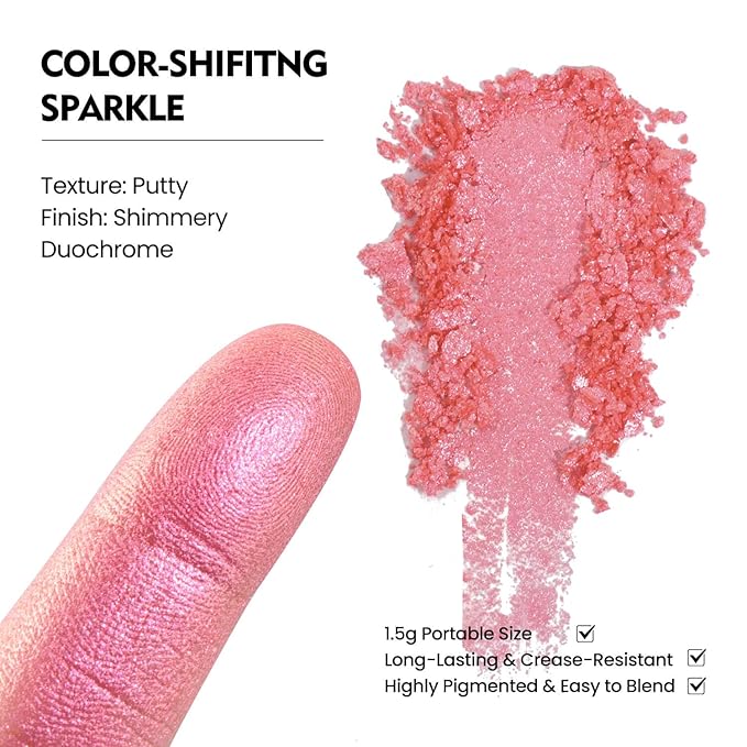 Duochrome Chameleon Cream-to-Powder Eyeshadow, Pink to Gold Color Shift, High Pigment Creamy Putty Texture, Zero Fallout Metallic Shimmer, Long-Lasting Single Eyeshadow Refill (Sunpetal)
