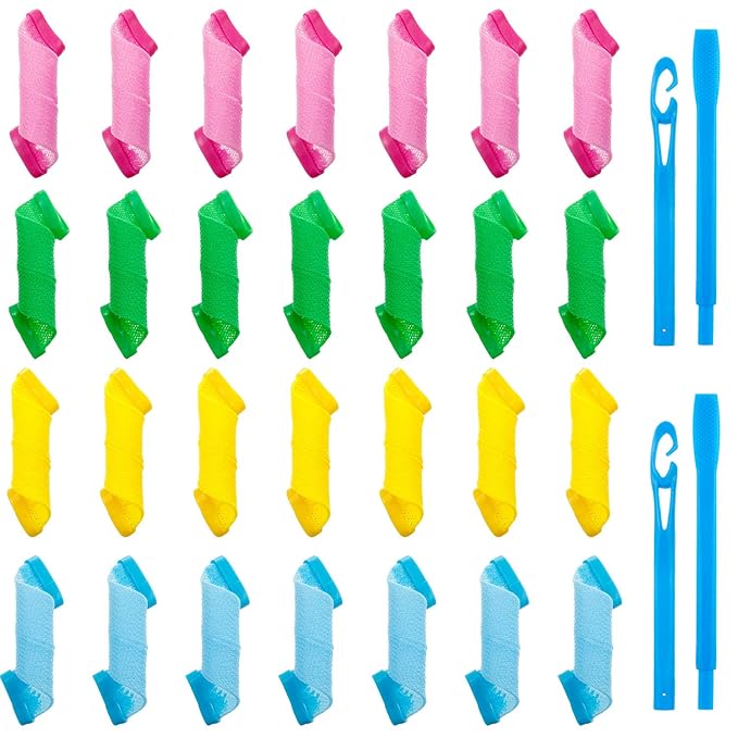 WILLBOND 28 Pieces Heatless Curlers No Heat Spiral Curls Hair Curlers Styling Kit with 2 Pieces Styling Hooks for Most Kinds of Hairstyles (Assorted Color, 15 cm)