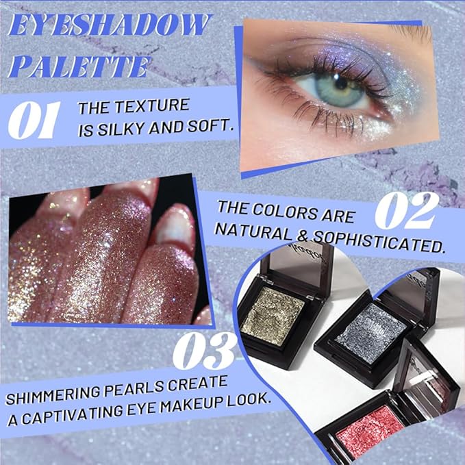 WanTuoluo Sparkly Eyeshadow Palette for Women, Single Monochrome Eye Shadow Makeup, Shiny Pressed Cream Powder, Blendable Natural sombras para ojos, Holographic,Vegan,Travel (07-Glitter-Blue)