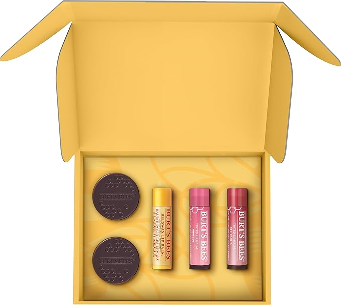 Burt's Bees Lip Care & Color Gifts Kit - Original Beeswax Moisturizing Lip Balm, Hibiscus & Red Dahlia Tinted Stain + Balm Duos, Conditioning Scrub & Overnight Sleeping Mask Exfoliator