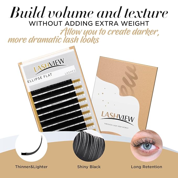 LASHVIEW Eyelash Extensions,Ellipse Flat Eyelash Extensions 0.20mm D Curl 13mm,Black,Individual Lashes,Semi-Permanent Extremely Soft Professional Salon Use