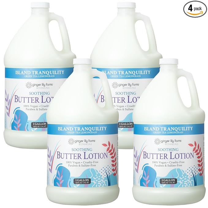 Ginger Lily Farms Botanicals Soothing Butter Lotion for Dry Skin, Island Tranquility, 100% Vegan & Cruelty-Free, Green Tea Lemongrass Scent, 1 Gallon (Pack of 4)