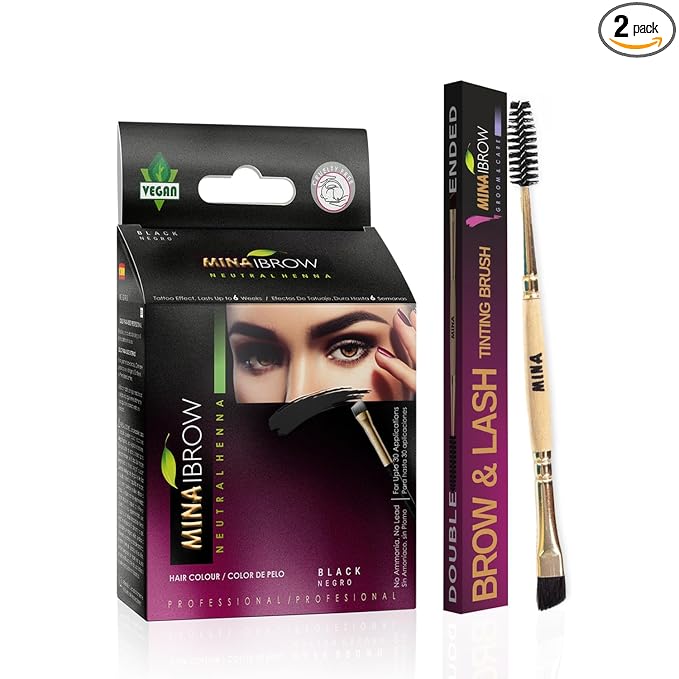 MinaiBrow Black Tinting Kit | Natural Spot Coloring Powder with Duo Angled Brush, Water & Smudge Proof Instant Brow Dye for 100% Gray Coverage