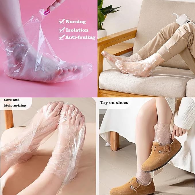 400-Pack Disposable Plastic Foot Covers for Feet – Leak-Proof Paraffin Wax Bath Liners, Moisturizing Socks for Pedicure, Spa, Cracked Heel Care & Shoe Trials (Includes Stickers for Secure Fit)