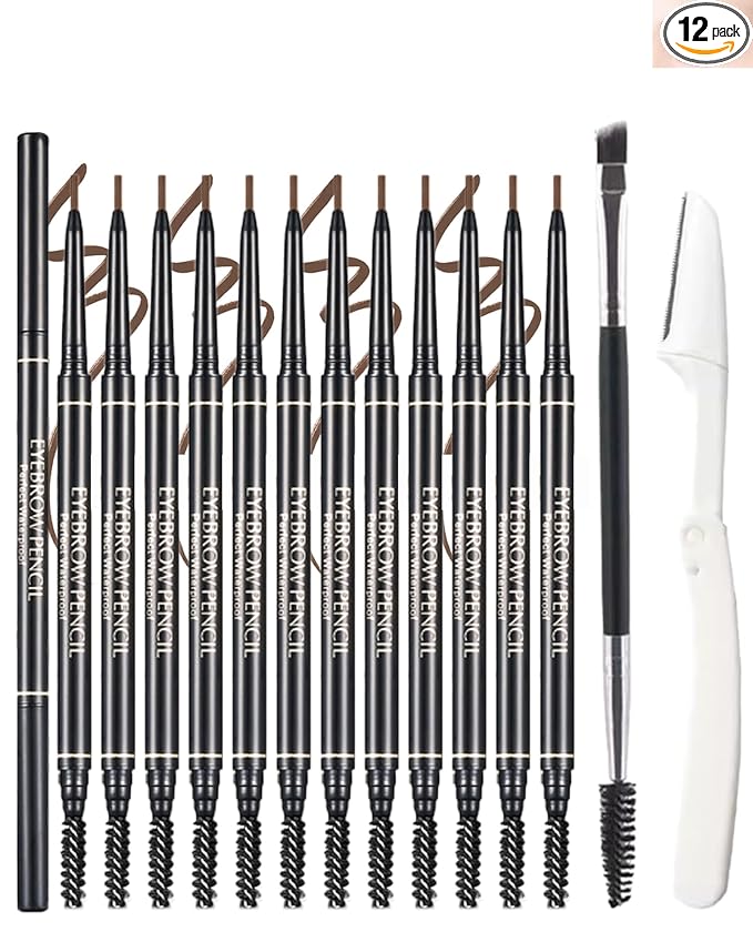 12 Pcs Eye Brow Pencil for Women Light Brown,Waterproof Eyebrow Pencil Retractable Ultra Fine Professional Brow Pencil,Long Lasting Tinted Gel Micro Eyebrow Pen for Define Fill Tiny Brow Eye Makeup-02