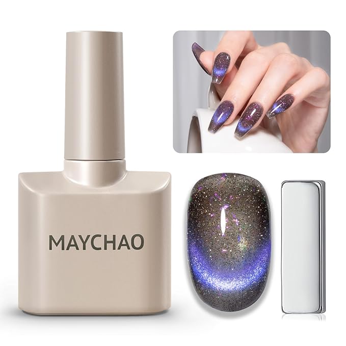 MAYCHAO 15ML Twilight Gleam Cat Eye Gel Nail Polish 1Pc Chameleon Purple Blue Cat Eye Gel Polish with Magnet Soak off Holographic Magnetic Nail Polish for Nail Art Manicure Salon DIY at Home, 0.5 OZ