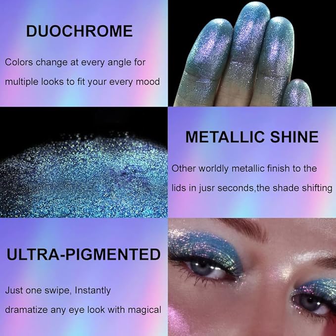 Afflano Holographic Eyeshadow Glitter, Color Change Multichrome Eyeshadow Silver Blue Shimmer Metallic Eye Makeup, Sparkling Pigment Chameleon Duo Chrome Eye shadow for Blue Eye Makeup