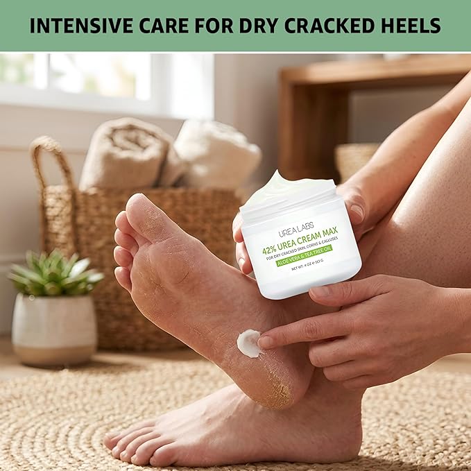 42% Urea Cream MAX with Tea Tree Oil & Aloe Vera - Maximum Strength Formula for Cracked Heels, Thick Calluses & Dry Rough Skin - Fast Absorbing Moisturizer for Feet, Heels, & Dry Cracked Skin - 4oz