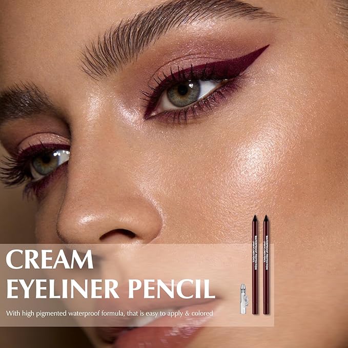 2 PCS Burgundy Plum Eyeliner Pencil, Cream Gel Waterline Eyeliner Smooth Waterproof Smudge-Proof Lasting Bold High-Pigmented Matte Eye Liner Pen Eyeshadow Makeup for Women with Sharpener
