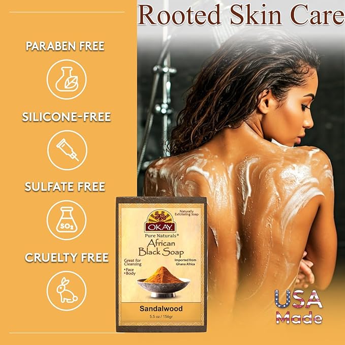 OKAY | African Black Soap with Sandlewood | For All Skin Types | Cleanses and Exfoliates | Nourishes and Heals | Free of Sulfate, Silicone & Paraben | 5.5 oz