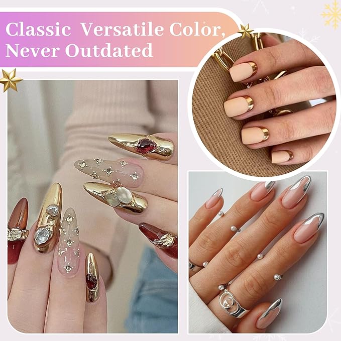 DRMODE Gold Silver Chrome Nail Powder, 6 Colors Red Green Mirror Metallic Effect Nail Chrome Powder, Blue Rose Gold Champagne Colored Chrome Powder for Nails Palette Pigment for Nail Art
