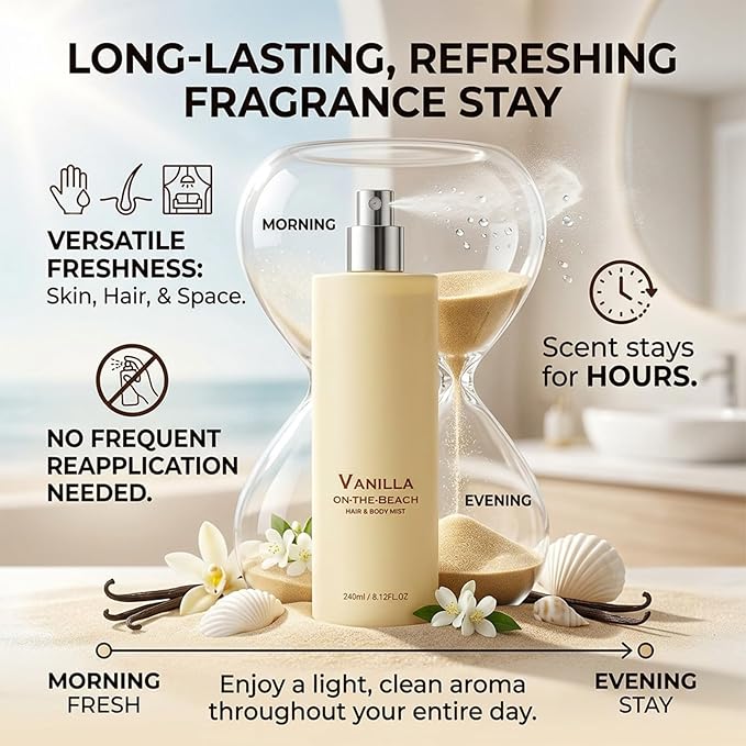Vanilla on the Beach Hair and Body Mist, Vanilla Ocean Fragrance Spray, Lightweight Fragrance Spray, Warm Coconut & Vanilla Scent for Hair and Skin, Long-Lasting Summer Mist, 8.11 fl oz (1 Pcs)