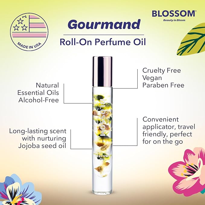 Blossom Roll on Perfume for Women Alcohol Free Gourmand Rollerball Perfume Oil with Essential Oils, Infused with Real Flowers, Made in USA, 0.20oz, (Pistachio, Almond, Vanilla) Pistachio Gelato