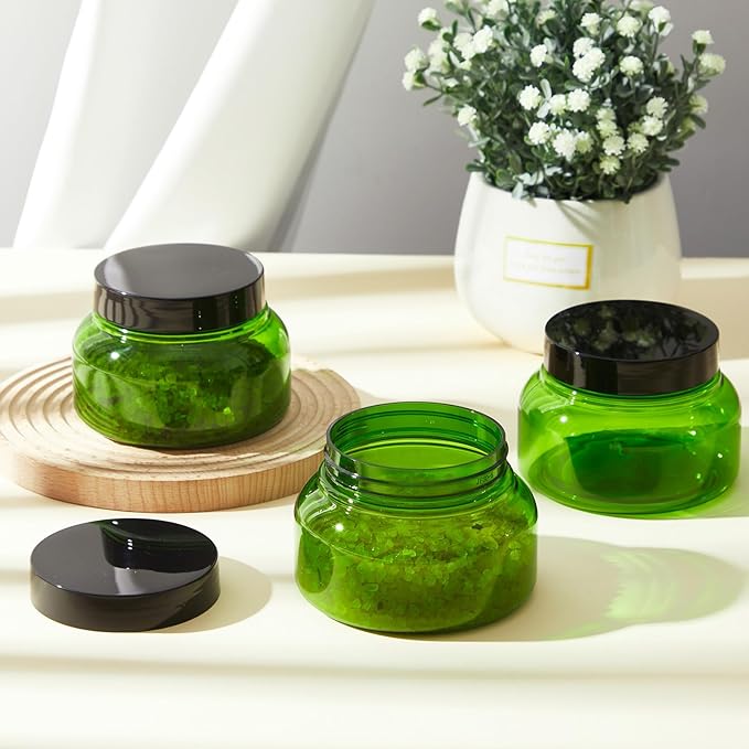 Tessco for you 24 Pack Plastic Jars with Lids Labels Multiuse Slime Containers Empty Body Scrub Jars Round Refillable Cosmetic Body Butter Container for Makeup (8 oz,Green,Black)