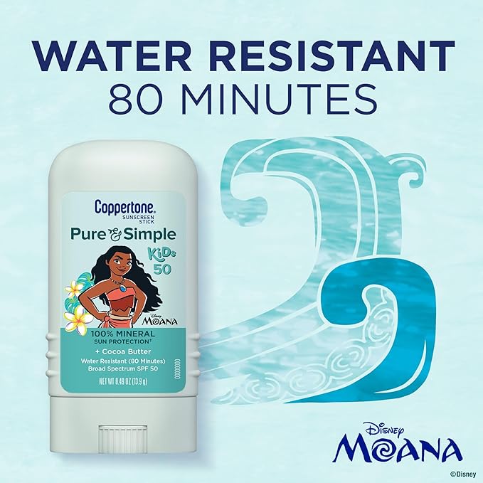 Coppertone Pure and Simple Kids Exclusive Disney Moana Sunscreen Stick SPF 50, Hypoallergenic, Mineral Sunscreen for Kids, Water Resistant, Oxybenzone and Octinoxate Free, 0.49 Oz Stick (Pack of 2)