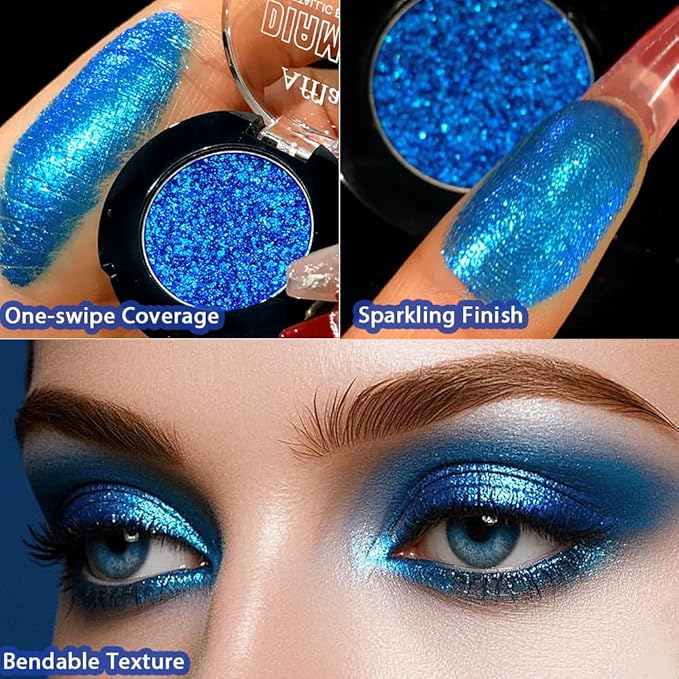 Afflano Sparkly Blue Eyeshadow Single, Long-Lasting Blue Glitter Eyeshadow Rich Pigment, One Swipe Coverage, 12H Wear No Fallout Metallic Shimmery Sapphire Eye Shadow for Women Day, Night Party Makeup