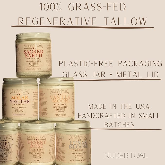 100% Grass-Fed Beef Tallow – Whipped Body Butter Moisturizer for Face & Body – USA Made Natural Lotion Alternative for Dry, Sensitive Skin – 4 oz (Lunar Bloom – Lavender & Blue Tansy)
