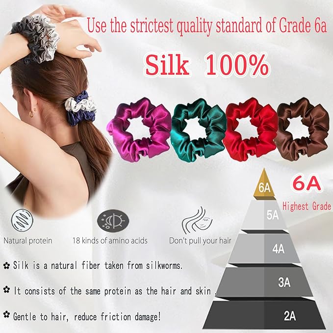 100% Pure Mulberry Silk Hair Scrunchies for Women & Girls, Light Gold, 16 Momme Silk for Curly, Thick or Thin Hair