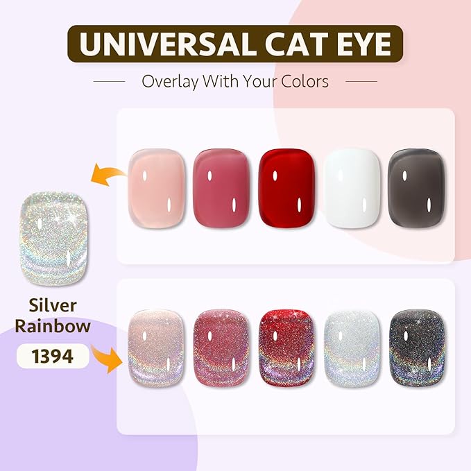 GAOY Cat Eye Gel Nail Polish, Glitter Holographic Nail Polish with Magnet, 16ml Reflective Translucent UV Gel, 1394 Silver Rainbow