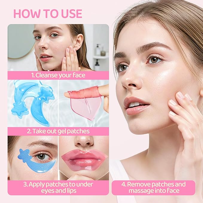 30PCS Lip Masks & Gel Eye Masks,Crystal Collagen Eye Patches for Puffy Eyes, Moisturizing& Reducing Fine Lines Dark Circle Eye Patches for Women Men
