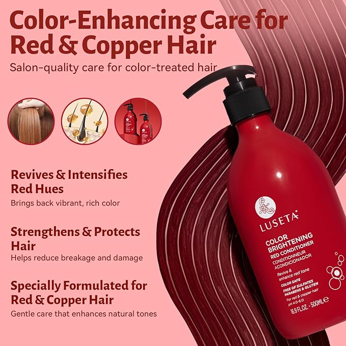 Color Treated Red Hair Shampoo and Conditioner Set with Pomegranate Extract for Copper Brightening and Strengthening, for Women and Men, 16.8oz*2