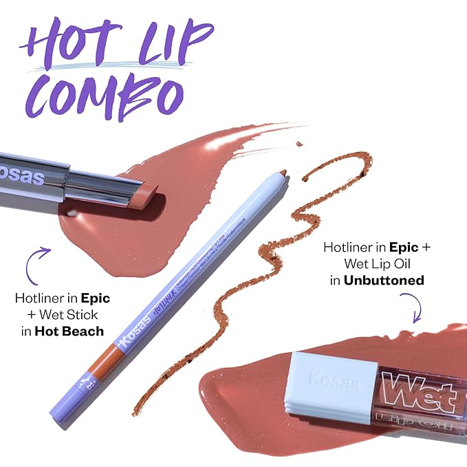 Kosas Hotliner Retractable Lip Liner Pencil with Built-In Brush & Sharpener - Easy Contouring, Hydrating, Long-Lasting - Pigmented Creamy Texture for Plumping Lips - Hyaluronic Acid & Konjac - Epic