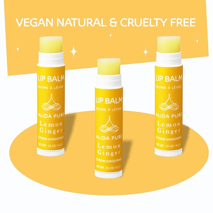 Lemon Ginger Lip Balm Collection, Vegan Set, Beeswax Free, with Organic Jojoba and Avocado Oil, Vitamin E, Natural Moisturizer for Dry, Cracked, or Chapped Lips, 3 Tube Set
