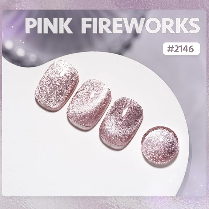 GAOY Pink Glassy Cat Eye Gel Nail Polish, 16ml Glitter Holographic Nail Polish with Magnet, Reflective Translucent UV Gel, 2146 Pink Fireworks