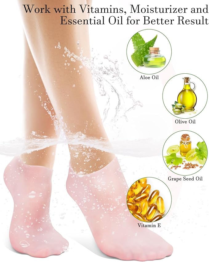 Golbylicc Silicone Moisturizing Socks for Women Dry Cracked Feet, Soft Gel Rubber Socks, Women Foot Care Spa Pedicure Silicone Socks for Cracked Heel and Softening Rough Skin, Calluses (2 Pairs)