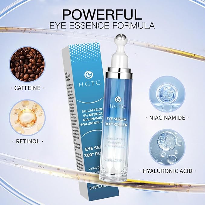 5% Caffeine Eye Serum with 360° Metal Roller, Under Eyes Cream for Dark Circles, EyeBags & Puffiness, Cooling Treatment for Women, 0.67 fl oz / 20 mL