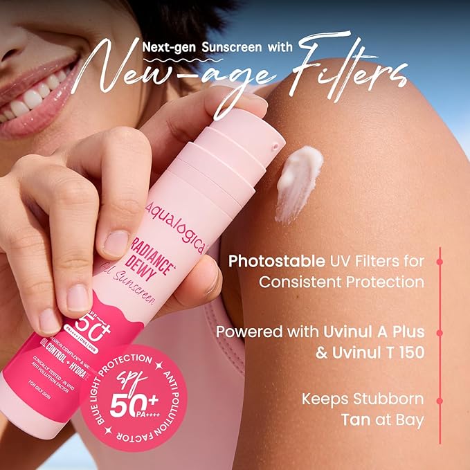 Aqualogica Radiance+ Dewy Sunscreen with Watermelon & Niacinamide with SPF 50 & PA++++ - 50g Broad Spectrum SPF 50+ PA++++ UVA/B & Blue Light Protection Anti-Pollution Factor (APF) Technology